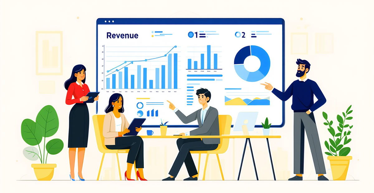 Illustration of a group of business analysts reviewing digital dashboard of revenue metrics
