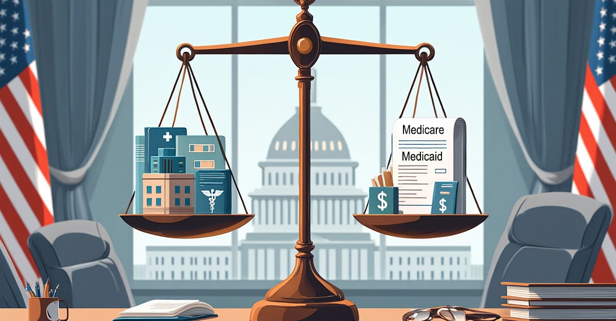 A subdued illustration of a traditional balance scale on a government desk, weighing healthcare symbols against Medicare and Medicaid paperwork with dollar signs.