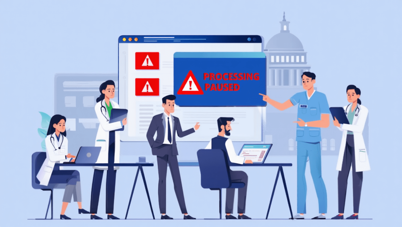 Rendering of healthcare staff and business professionals with claims processing paused screens and the Capitol in the background