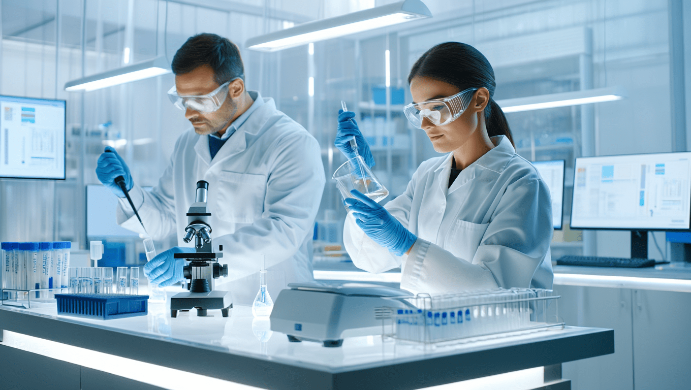 Scientists working in a clinical lab with high-tech equipment