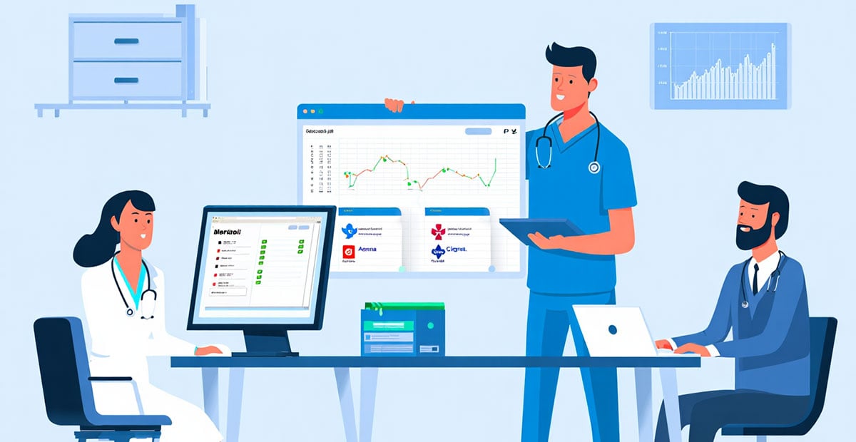 An illustration of a modern healthcare office with three medical professionals working at computer workstations displaying multiple insurance provider windows.