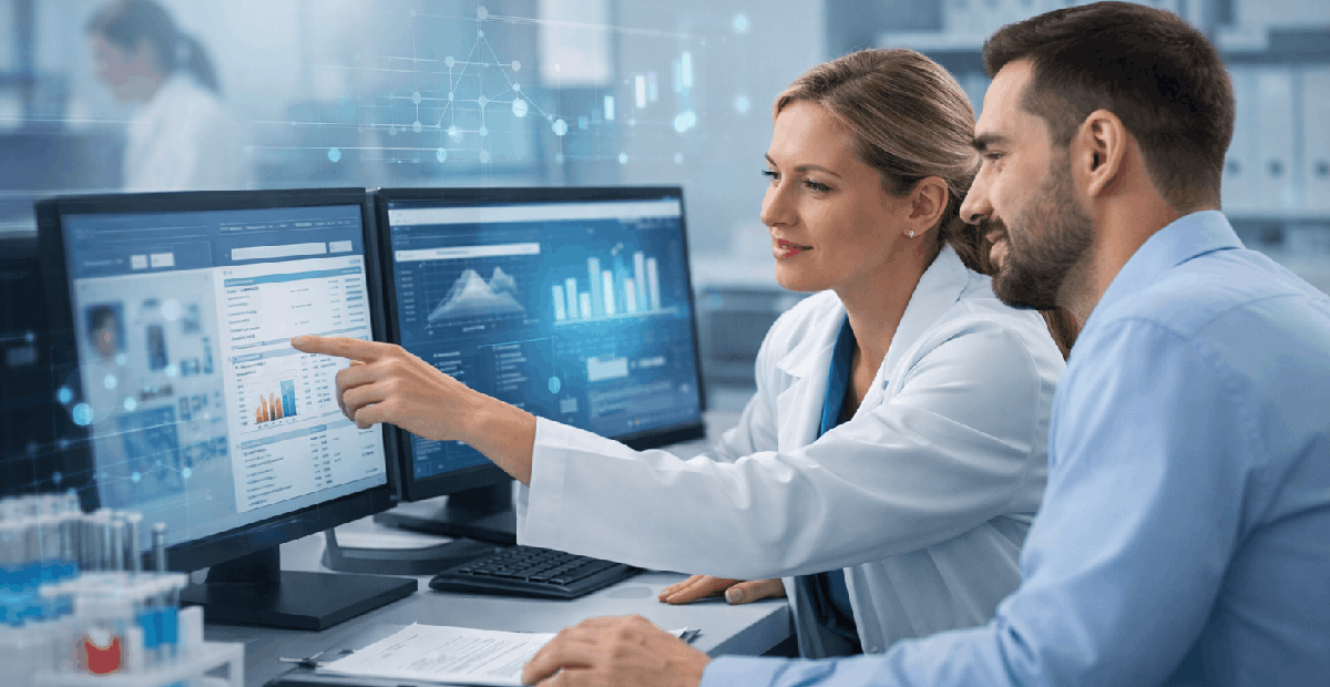 A female technician in a lab coat is reviewing data on a computer screen with a man in business attire