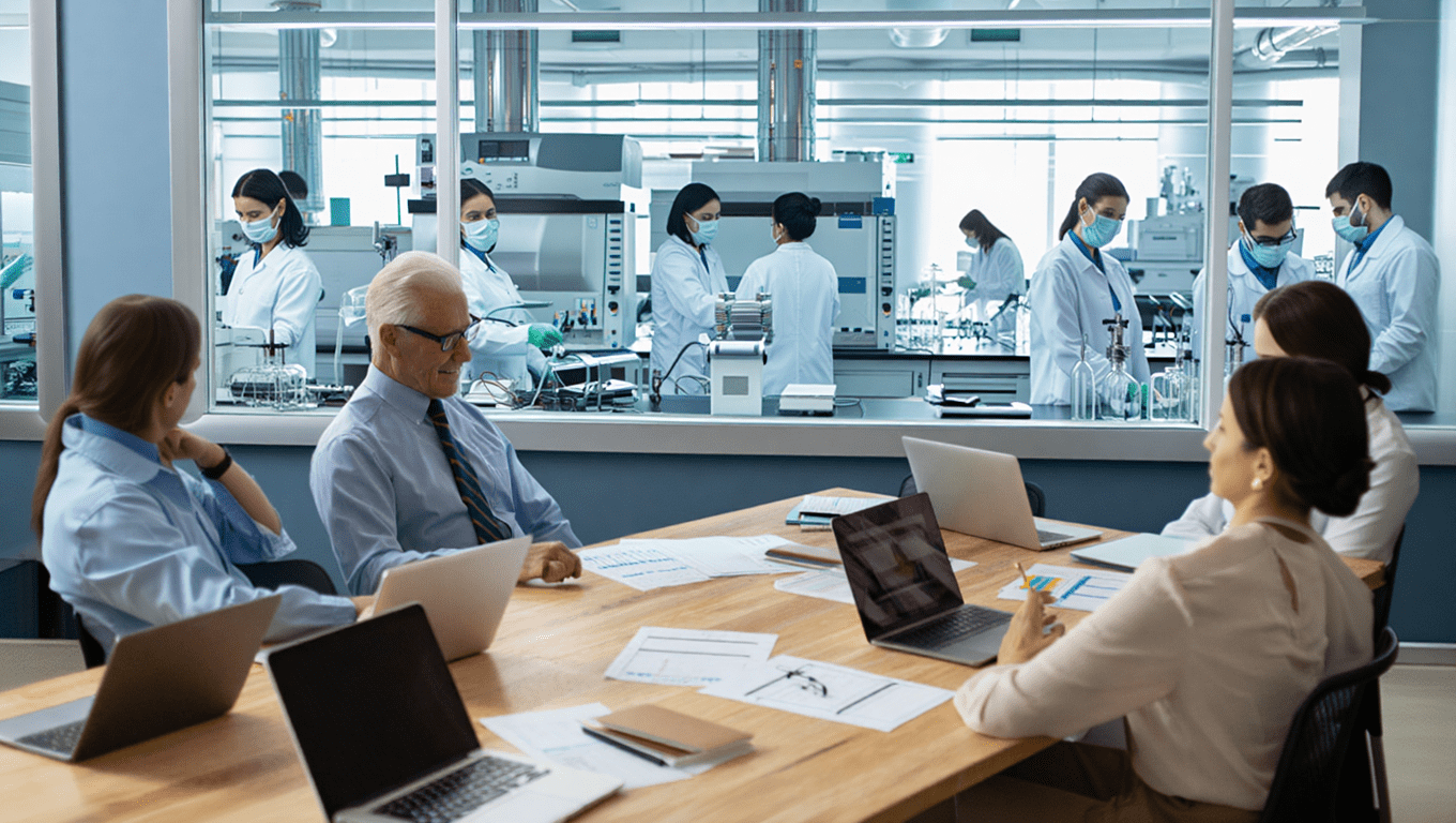 Laboratory finance and administrative professionals at a conference room table having a data strategy meeting with a view of the lab behind them